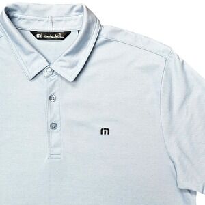 Travis Mathew Polo Shirt Mens M Blue Short Sleeve Logo Pique Golf Performance